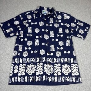 RJC Ltd Button Down Shirt Mens Large Navy Blue Tiki Floral Hawaiian Made in USA